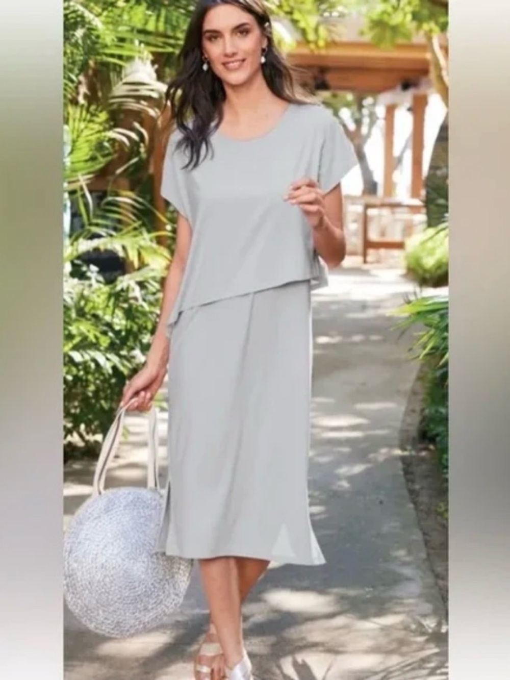 Soft Surroundings Mykonos Dress Midi Pearl Blue Stretch Knit
